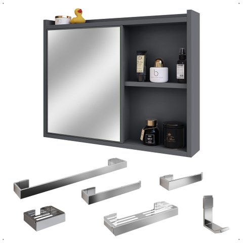 Espelheira Suspensa Armário Banheiro Prateleira Cinza Kit Acessórios Lavabo 6 Peças Premium