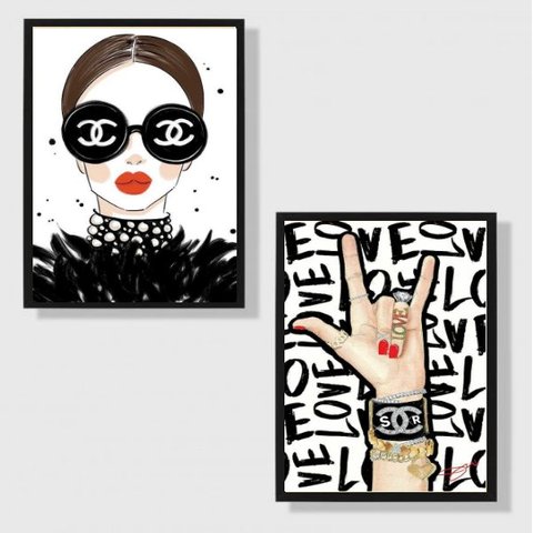 Kit 2 Quadros Fashion Moda Rock 33x24cm - com vidro:Madeira branca