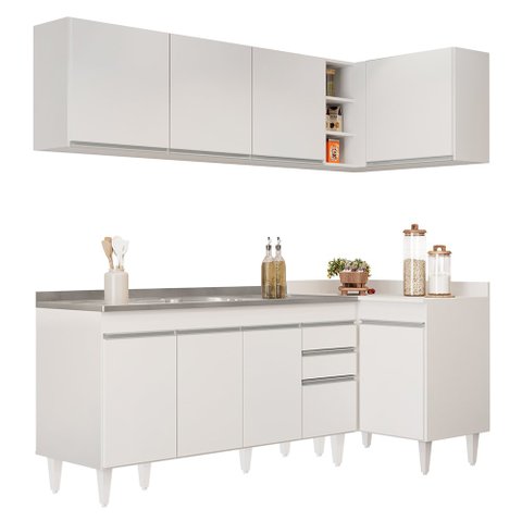 Armário de Cozinha Modulado de Canto Esquerdo 4 Peças Cp51 com Pia Inox Branco - Lumil Lumil Móveis