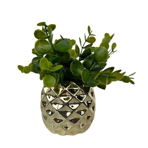 Decoração sala rack vaso geométrico dourado abacaxi decor
