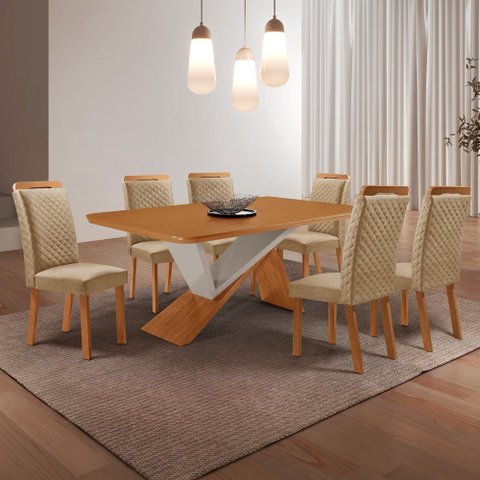 Mesa de Jantar Yasmin 180cm Tampo MDF Canto Copo Laminado e 6 Cadeiras Lorena