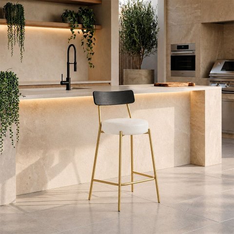 Banqueta Cozinha Média Encosto Preto Industrial Dourado Londrina PU D03 - D'Rossi