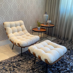 Kit Poltrona Costela Linho Cru Sala Quarto com Puff Madeira - 15