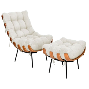 Kit Poltrona Costela Linho Cru Sala Quarto com Puff Madeira