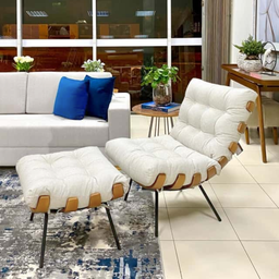 Kit Poltrona Costela Linho Cru Sala Quarto com Puff Madeira - 4