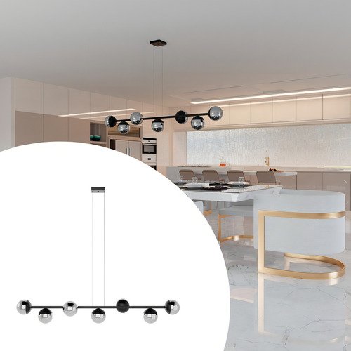 Luminaria Lustre Teto Sala de Jantar Jabuticaba 5 Metros com 7 Vidro Globo Bivolt - Preto/fume