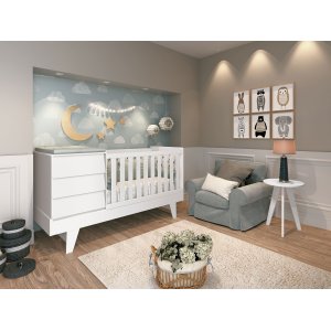 Berço Prince 4x1 Vira Mini Cama e Trocador Vira Comoda Multifuncional Quarto de Bebê - Branco