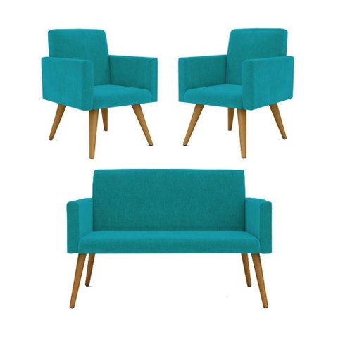Kit Namoradeira + 02 Poltronas Decorativas Azul Turquesa