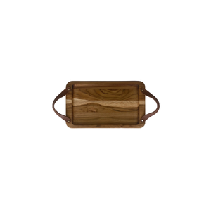 Tábua de Servir Rebaixada com Alça de Couro P - Madeira de Teca 30x18x2cm