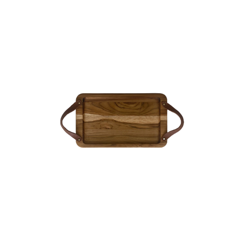 Tábua de Servir Rebaixada com Alça de Couro P - Madeira de Teca 30x18x2cm