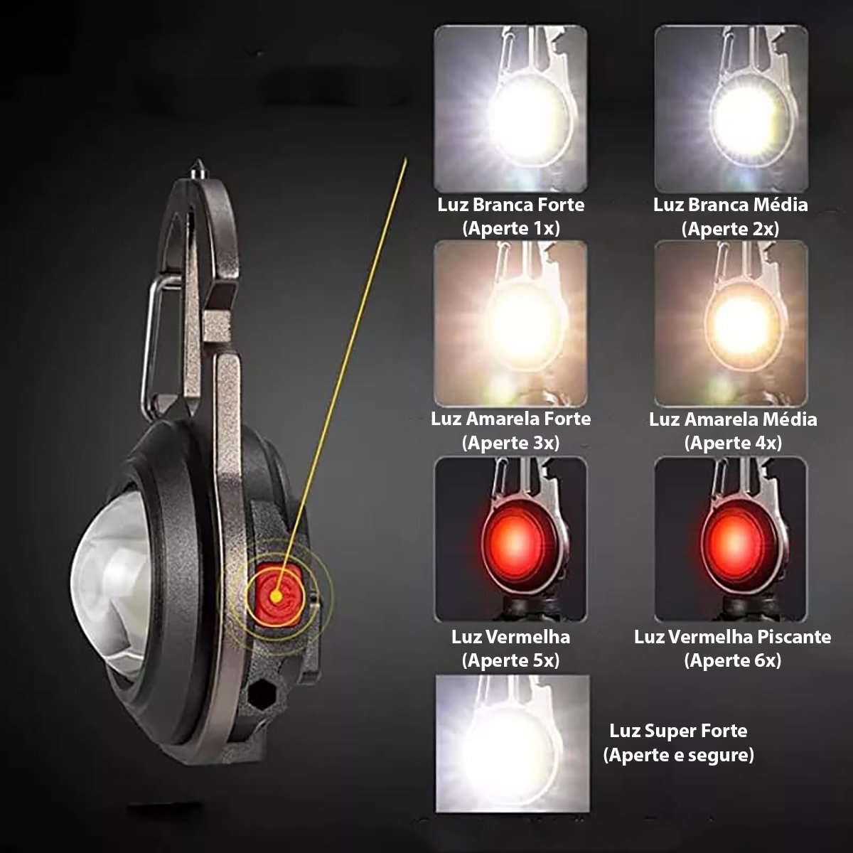 Mini Lanterna LED Cob Chaveiro 6x1 Multi Funcional Super Potente Recarregável - 3