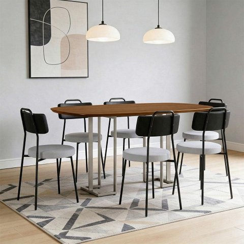 Mesa Retangular Alina 180cm Cinamomo Champanhe com 6 Cadeiras Barcelona N01 Couríssimo Preto Linho