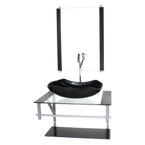 GABINETE DE VIDRO PARA BANHEIRO 60CM AC CUBA ABAULADA PRETO COM TORNEIRA CROMADA