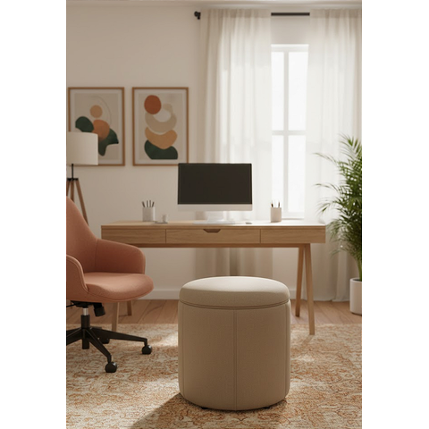 Puff Redondo Baú Não É Segredo Debrum Linho Cru 40x45 Ns0616