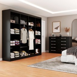 Quarto de Casal Ele e Ela Closet 8 Prateleiras Cômoda 10 Gavetas Preto - Panorama Móveis - 1 Quarto de Casal Ele e Ela Closet 8 Prateleiras Cômoda 10 Gavetas Preto - Panorama Móveis - 1