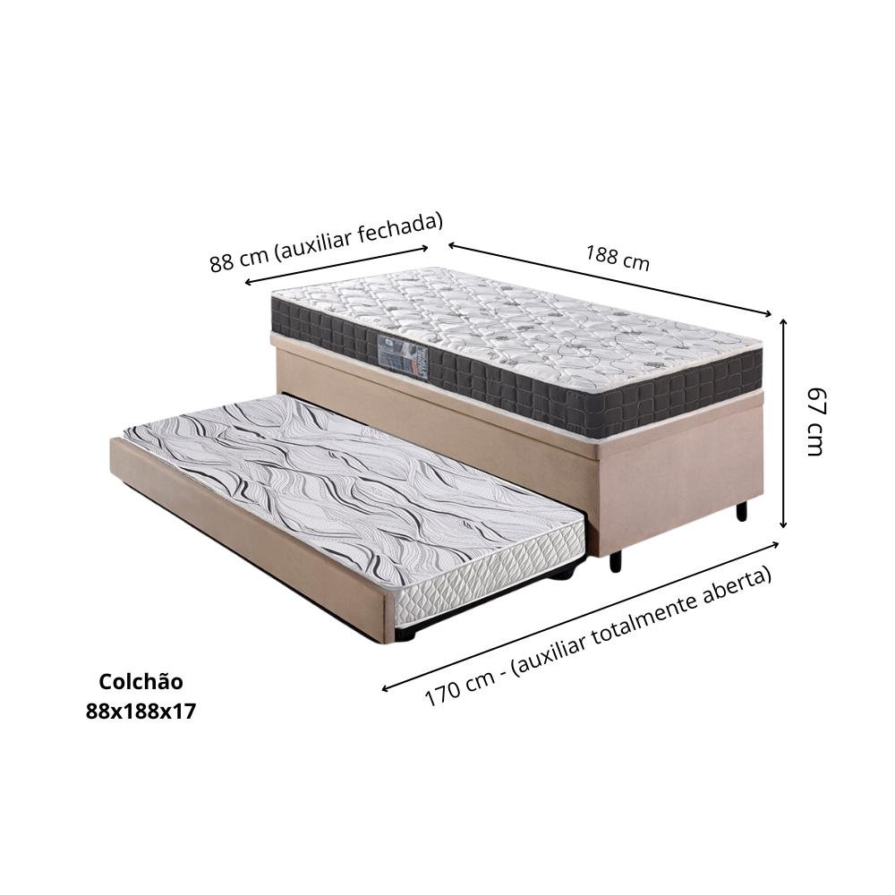 Bicama Box Baú Solteiro Suede Bege 88x188 com Colchão Pantanal Espuma D28 Anjos - 3