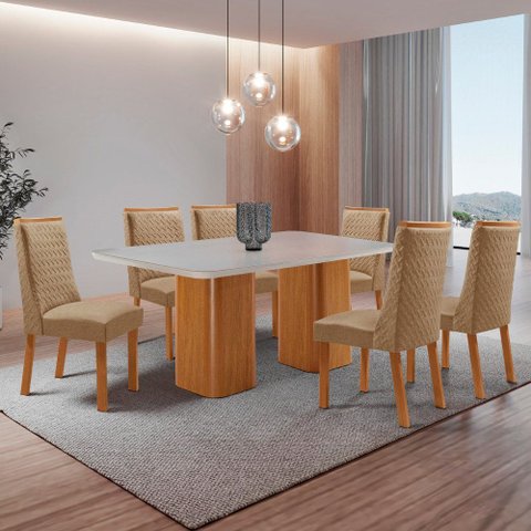 Mesa de Jantar Eloise 180cm Tampo MDF Vidro Canto Copo com 6 Cadeiras Carolina