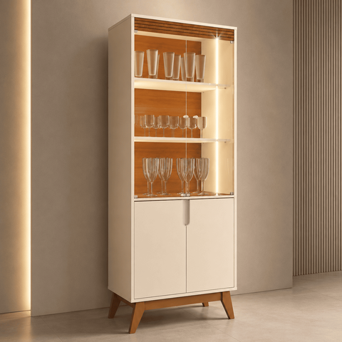 Cristaleira Paraty 180cm 4 Portas de Vidro LED Slim MDP/MDF Frisos Puxador Cava - Offwhite/Canela