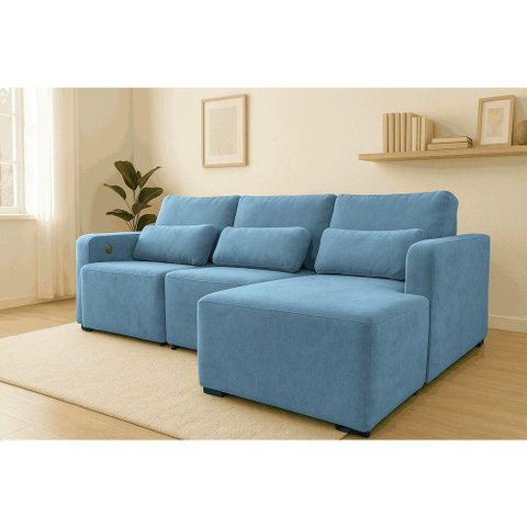 Sofá Baroni 6 Lugares com Chaise Direito 290cm Azul Linho