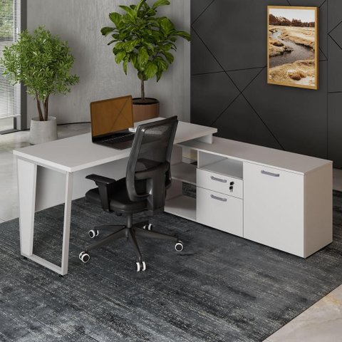 Mesa L Escritório 150cm com Armário Lateral Pé Metal F5 Cor:cinza