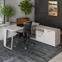 Ver imagem 1 de Mesa L Escritório 150cm com Armário Lateral Pé Metal F5 Cor:cinza