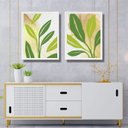 Ver imagem 1 de Kit 2 Quadros Folhas Verdes Fundo Branco Bege 33x24cm - com Vidro:moldura Branca