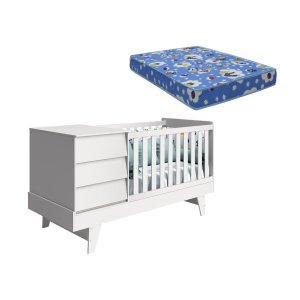 Berço Americano Multifuncional 4 em 1 Prince Branco Vira Mini Cama com Colchão e Mesa de Cabeceira