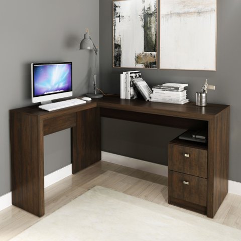 Escrivaninha Mesa Escritório em L com ME4129 2 Gavetas 135,8cm Rustico Marrom