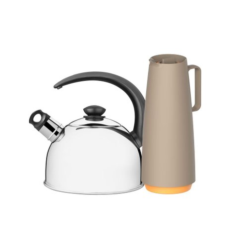 Chaleira em Aço Inox com Apito 2,1l e Bule Garrafa Térmica 1l Bege Tramontina