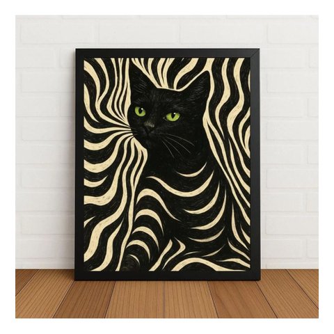 Quadro Decorativo Gato Abstrato com Moldura e Vidro Preto