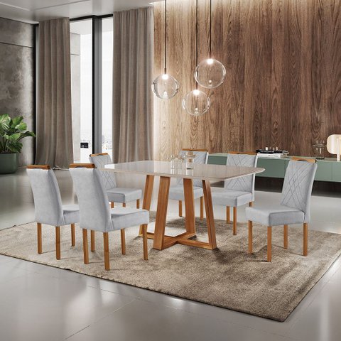 Sala de Jantar Mesa Atenas e 6 Cadeiras Milão Madeira Maciça e Tecido Linho Cinza Prata Móveis Mundi