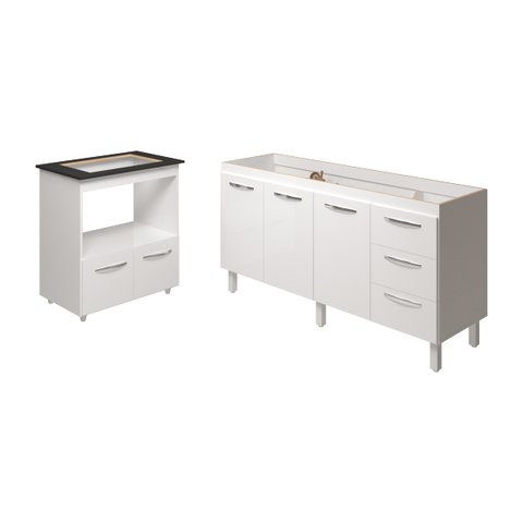 Cozinha Balcão Armário Gabinete de Pia 150 Cm Deise e Balcão Evelyn para Fogão Cooktop 4 Bocas Branc