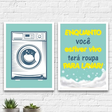 Kit 2 Quadros Lavanderia Azul E Amarelo 24x18cm:Madeira preta