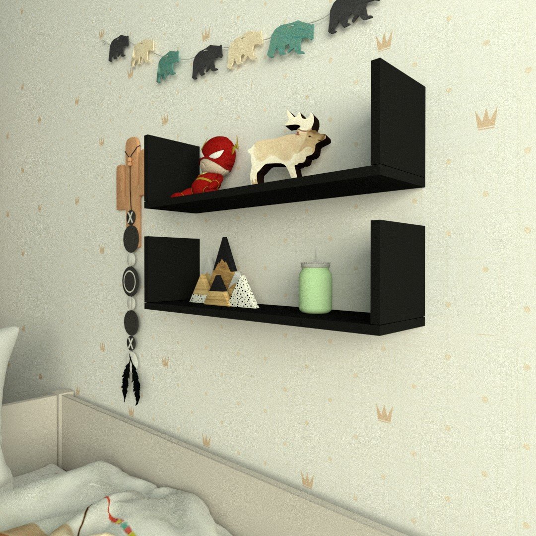 Par de Prateleiras Aba U - Preto Mdf - Organizador Dormitorio Bebe Infantil Kids - 3