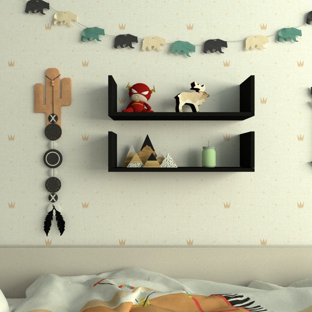 Par de Prateleiras Aba U - Preto Mdf - Organizador Dormitorio Bebe Infantil Kids