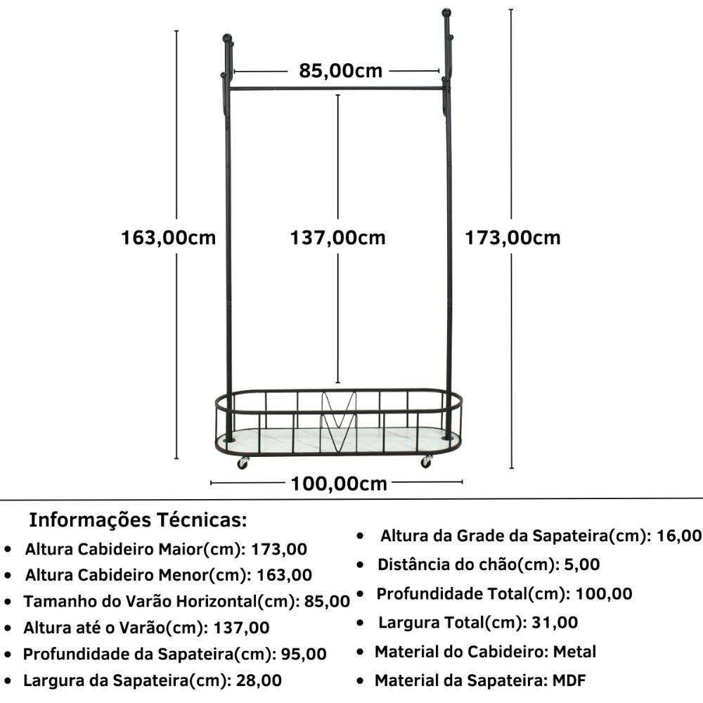 Cabideiro de Chão Grande com Sapateira e Rodízios - Preto - 5