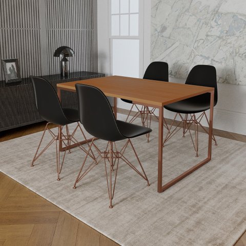 Mesa Industrial Base Ferro Cobre 137x75 Tampo Canela 4 Cadeiras Eiffel Ferro Cobre Assento Preto