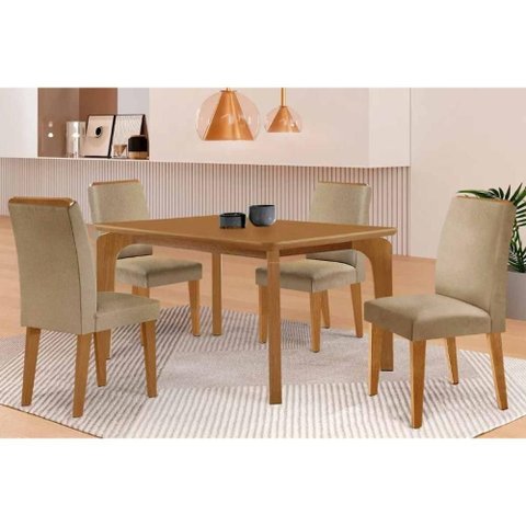 Conjunto: Mesa Sala Jantar Londrina C/ Tampo Madeirado C/ Vidro Canto Curvo 120x80cm 4 Cadeiras