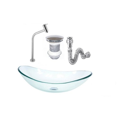 CUBA DE VIDRO OVAL 47CM JATEADA + VALVULA + TORNEIRA PRETA + SIFAO