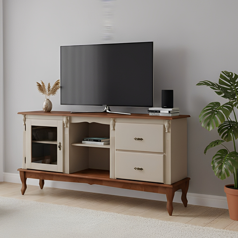 Rack de Madeira para Tv até 50 Polegadas 2 Gavetas 1 Porta - Amêndoa com Tampo e Base Imbuia Glazer