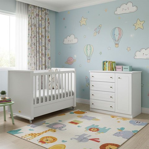 Berço Tutto New e Cômoda Infantil Americano Ambiente Branco Fosco com Colchão Gazin - Matic