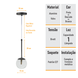 Pendente Globo Esfera de Vidro 12cm - Preto - Vidro Cristal - 5
