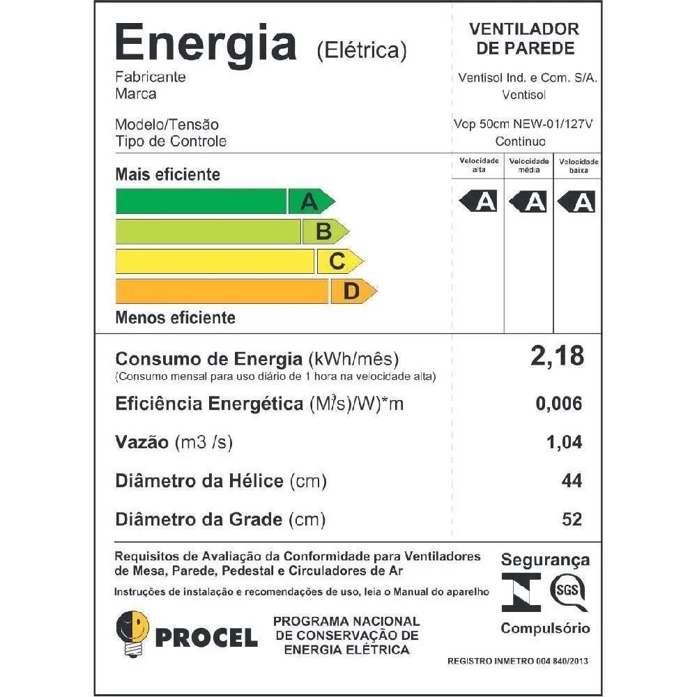 Ventilador de Parede Ventisol Oscilante New 50cm 1300rpm - 110v - 3