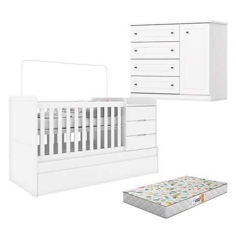 Berço Multifuncional Cleo e Cômoda Infantil Americano Branco Fosco com Colchão Gazin - Henn