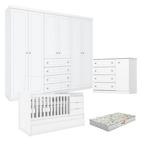 Quarto Infantil 6 Portas Mississipi com Berço Multifuncional Cleo Ambiente Branco Fosco e Colchão
