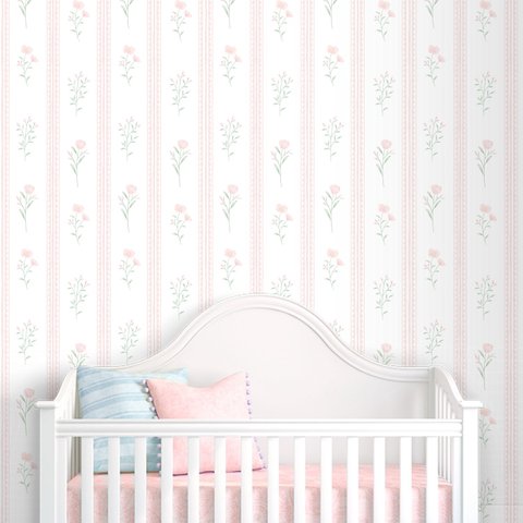 Papel de Parede Adesivo Listrado Floral Rendinha Aquarela Rosa