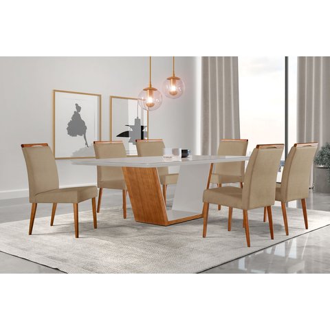 Conjunto Sala de Jantar Mesa Madeira Maciça Medelim e 6 Cadeiras Havana Marrom/Imbuia/Off White/Turi