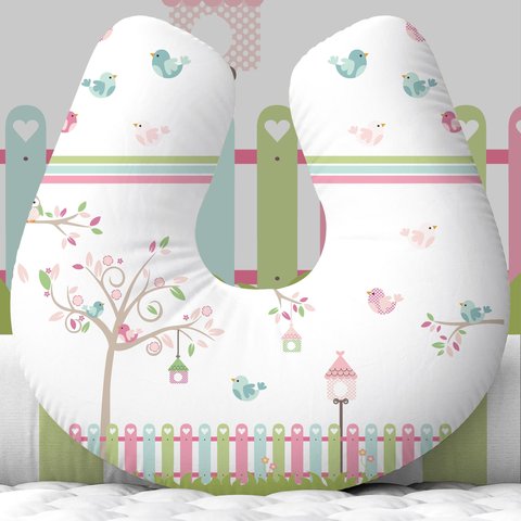 Almofada de Amamentação Travesseiro Passarinhos Floral Jardim
