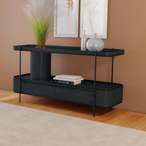 Aparador Sala de Jantar Cachepot em Madeira Maciça Ébano 2 Gavetas Estrutura Metal Preto