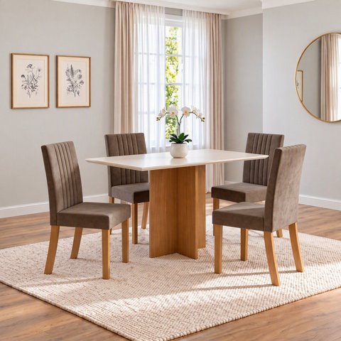 Conjunto Sala de Jantar Mesa Lana 120cm Tampo MDF Canto Reto 4 Cadeiras Lily